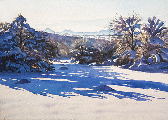 watercolor of snow field near Santa Fe, New Mexico